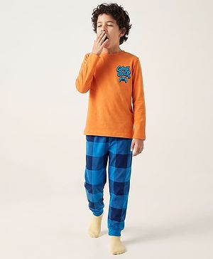 Pine Kids Cotton Knit Half Sleeves T-Shirt & Checks Pyjama Night Suit with Game Over Print - Orange