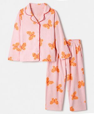 Pine Kids 100% Cotton Knit Full Sleeves Shirt & Pyjama Co-Ords Set With Butterfly Print - Red
