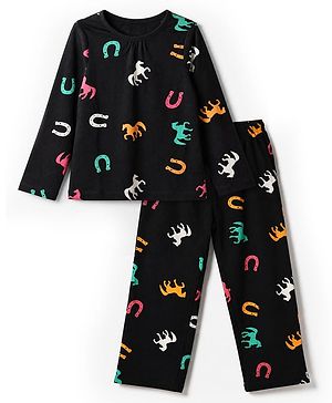 Pine Kids 100% Cotton Bio Washed Single Jersery 180 GSM Knit Full Sleeves Co-ord T-Shirt & Pajama Night Suit with Horseshoe & Horse Print - Black