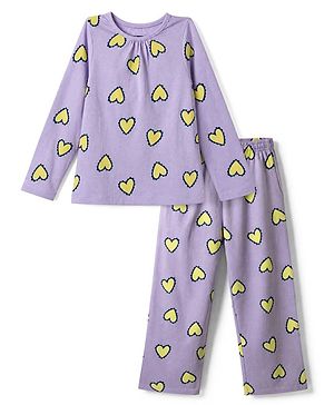 Pine Kids 100% Cotton Bio Washed Single Jersery 180 Gsm Knit Co-ord Top & Pajama Night Suit with Hearts Print - Lilac
