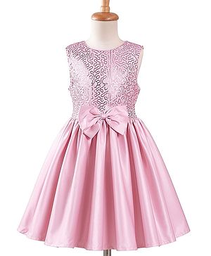 Pine Kids Satin Woven Sleeveless Party Dress With Sequin Detailing & Bow Applique - Pink