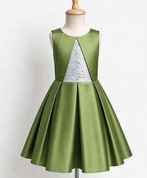 Pine Kids Satin Woven Sleeveless Party Dress With Sequin - Olive Green