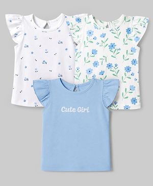 Babyhug 100% Cotton Knit T-Shirt with Half Frill Sleeves and Floral Graphic Print in Blue & White Pack of 3