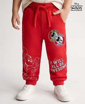 Babyhug Disney Terry Knit Full Length Joggers With It Will All Be Awesome Text Print & Mickey Graphic - Red