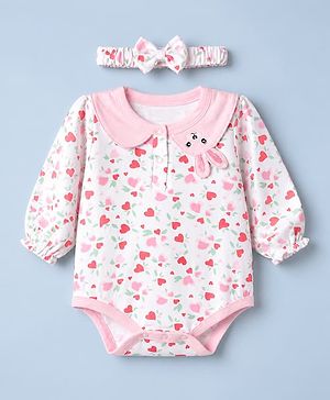 Babyhug 100% Cotton Interlock Knit Onesie and Headband with Full Sleeves,and Rabbit Applique - Pink