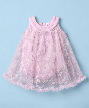 Babyhug Girls Solid Mesh Woven Sleeveless Party Onesie With Embroidery - Light Pink