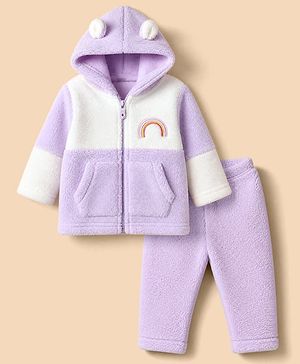 Babyhug Fur Woven Full Sleeves Winter Hooded Sweatshirt And Pant With Rainbow Embroidery - Lavender