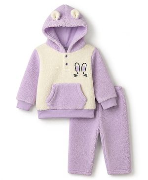 Babyhug Fur Woven Full Sleeves Winter Hooded Sweatshirt And Pant With Rabbit Embroidery - Lavender