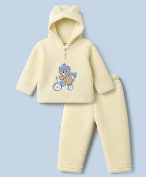 Babyhug Fur Woven Full Sleeves Winter Hooded Sweatshirt And Pant With Bear Patch - Yellow