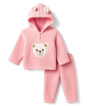 Babyhug Woven Sherpa Fur Knit Full Sleeves Hooded Winter Wear Suit With Bear Patch & Ear Applique- Peach