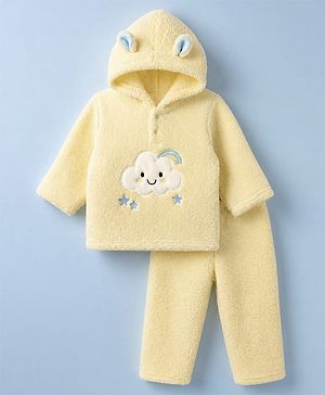 Babyhug Sherpa Fur Knit Hooded Winter Wear Suit Cloud Patch & Ear Applique - Light Yellow