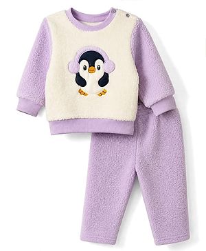 Babyhug Fur Woven Full Sleeves Winter Sweatshirt And Pant With Penguin Patch - Lavender