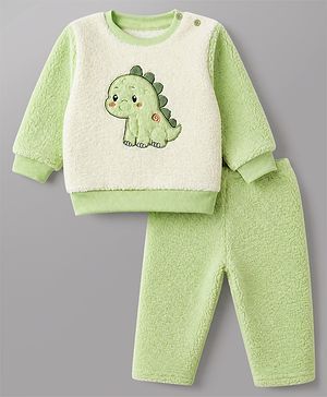Babyhug Fur Woven Full Sleeves Winter Sweatshirt And Pant With Dino Patch - Green