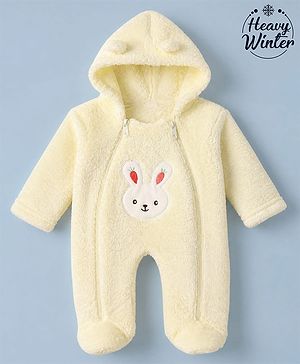 Babyhug Sherpa Fur Knit Full Sleeves Hooded Winter Romper With Bear Patch - Light yellow
