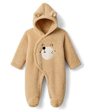 Babyhug Sherpa Fur Knit Hooded Winter Romper With Hood & Bear Design - Beige