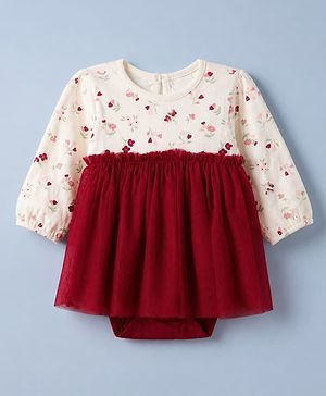 Babyhug 100% Cotton Interlock Knit Full Sleeves Frock Style Onesie with Floral Print - Maroon