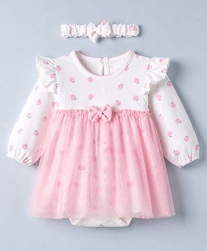 Babyhug 100% Cotton Interlock Knit Onesie and Hairband with Full Sleeves and Strawberry Print - Pink