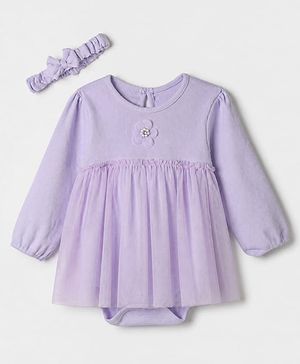 Babyhug 100% Cotton Knit interlock Onesie and Hairband with Full Sleeves and Flower Applique - Lavender