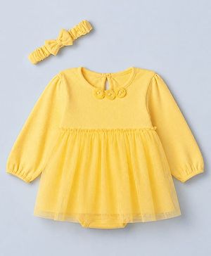 Babyhug 100% Cotton Interlock Knit Full Sleeves Frock Style Onesie With Floral Applique & Headbands - Yellow