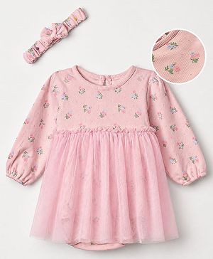 Babyhug 100% Cotton Knit Interlock Onesie and Headband with Full Sleeves and Floral Print - Baby Pink