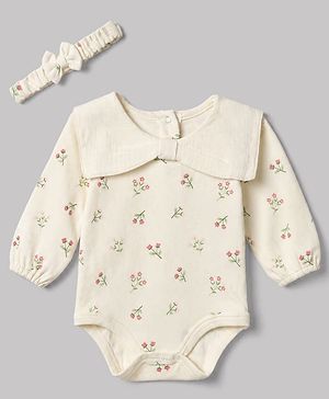 Babyhug 100% Cotton Interlock Knit Onesie and Hairband with Full Sleeves and Floral Print - White