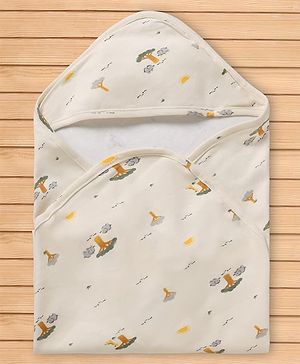 Babyhug Cotton Knit Hooded Towel & Wrapper L 78 x B 75 cm - Offwhite