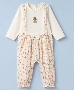 Babyhug 100% Cotton Interlock Knit Full Sleeves Romper With Floral Print - Cream