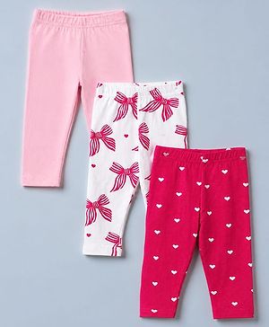 Babyhug Cotton Lycra Knit Slim Fit Leggings With Bow Print Pack of 3 - Pink