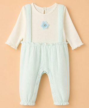 Babyhug 100% Cotton Interlock Knit Full Sleeves Romper With Floral Applique - Sea Green