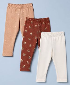 Babyhug Cotton Elastane Full Length Leggings With Floral Print Pack of 3 - White Brown