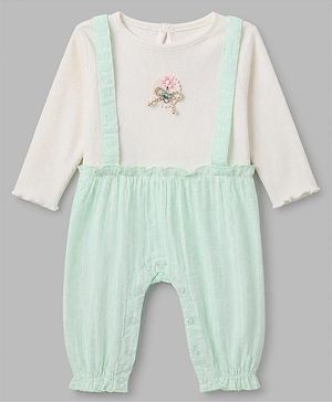 Babyhug 100% Cotton Interlock Knit Full Sleeves Romper With Floral Applique - Light Green