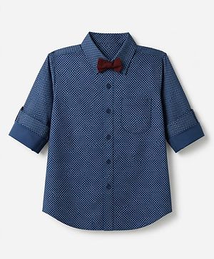 Pine Kids Cotton Woven Full Sleeves Printed Party Shirt With Bow - Blue