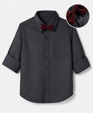 Pine Kids Cotton Woven Full Sleeves Solid Party Shirt With Bow - Black