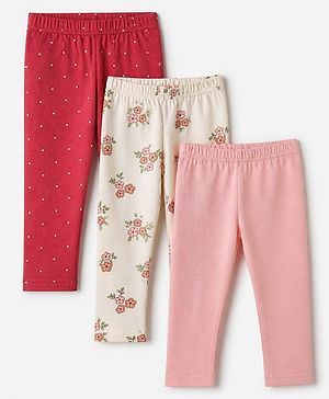 Babyhug Cotton Knit Full Length Leggings With Floral Design Pack of 3 - Pink Red & White