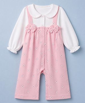 Babyhug 100% Cotton Interlock Knit Full Sleeves Romper with Flower Print & Bow - Pink & White