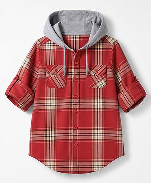 Pine Kids Cotton Woven Full Sleeves Hooded Checks Shirt - Red