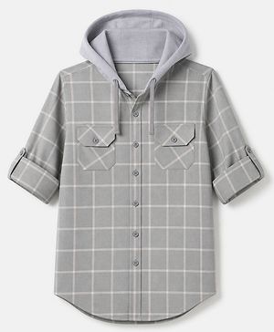 Pine Kids Cotton Woven Hooded Checks Shirt With Full Sleeves - Grey