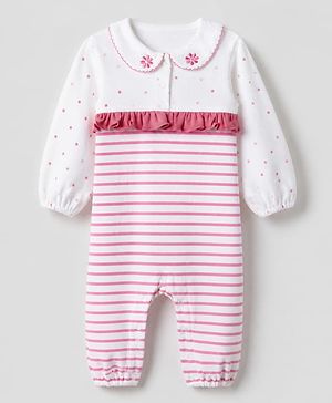 Babyhug 100% Cotton Interlock Knit Full Sleeves Romper with Frill Details and Polka Dots Print with Stripes - White & Pink