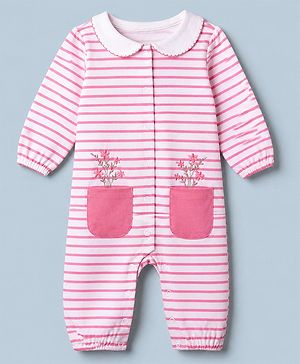 Babyhug 100% Cotton Interlock Knit Full Sleeves Striped Romper with Floral Embroidery - Pink