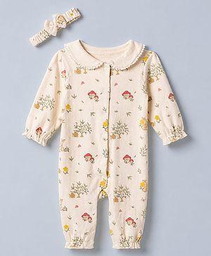 Babyhug 100% Cotton Interlock Knit Romper and Hairband with Full Sleeves and Mushroom Print - Beige