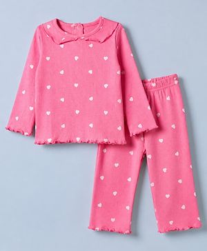 Babyhug Cotton Knit Rib Full Sleeves Co-ord Top & Pajama Night Suit with Heart Print - Dark Pink