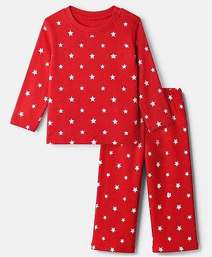 Babyhug Cotton Knit Rib Full Sleeves Co-ord T-Shirt & Pyjama Night Suit with Star Print in Red