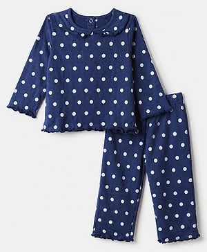 Babyhug Cotton Knit Full Sleeves Co-ord T-Shirt & Pajama Night Suit with Polka Dots Print - Navy Blue