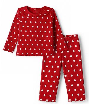 Babyhug Cotton Knit Rib Full Sleeves Winter T-Shirt & Pyjama Co-ords Set With Polka Dots Print - Red