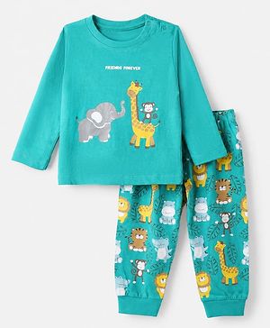 Babyhug Cotton Knit Full Sleeves T-Shirt & Pajama Night Suit with Monkey Giraffe Elephant Print - Turquoise