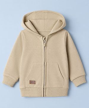 Babyhug 100% Cotton Knit Front Open Heavy Gauge Hooded Sweatshirt with Full Sleeves and Hey Patch - Tan