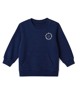 Babyhug 100% Cotton Knit Heavy Gauge Sweatshirt With Full Sleeves and Always Smiling Text Print- Navy