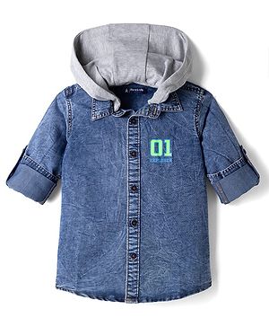 Pine Kids 100% Cotton Woven Denim Hooded Shirts with Full Sleeves and 01 Explorer Print - Blue