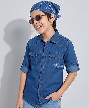 Pine Kids Cotton Woven Denim Shirt with Full Sleeves and Next Leader Print - Navy Blue