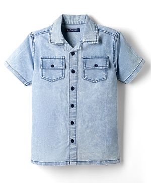 Pine Kids Cotton Woven Half Sleeves Solid Denim Shirt with Washed Finish in Light Blue